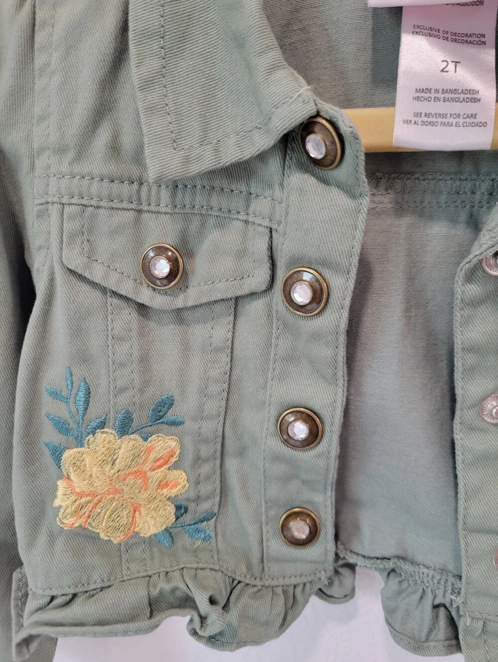 Little‎ Lass Girls 2T Sage Green Jean Jacket Floral Ruffle Western Cottagecore
